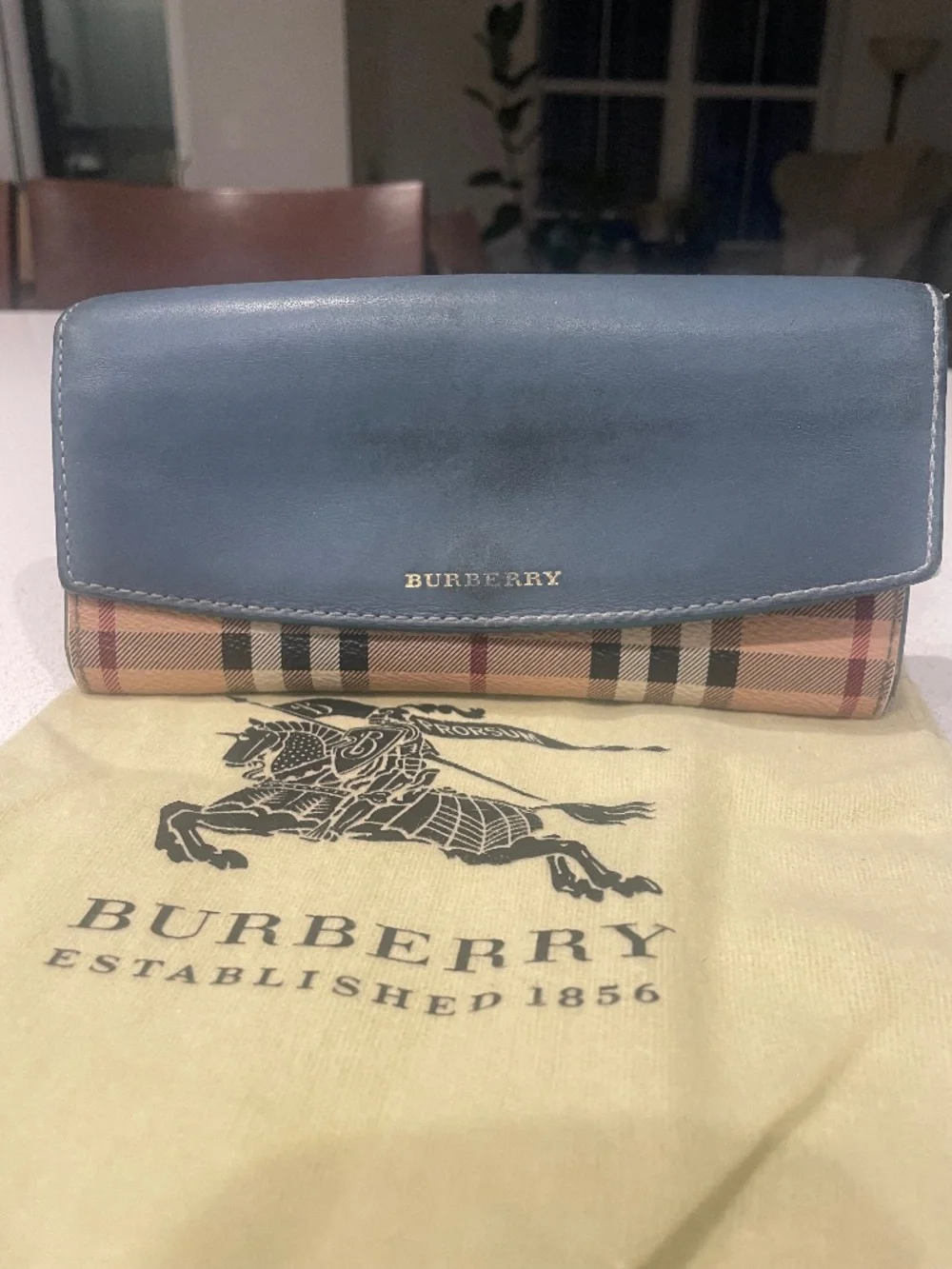 Burberry leather printed continental wallet with blue flap